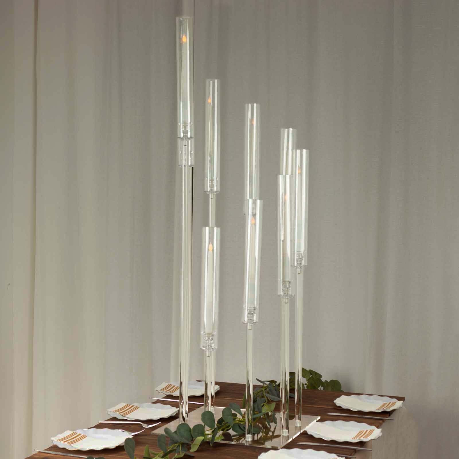9-Arm Acrylic Cluster Taper Candelabra with Square Base 4ft Clear - Stylish Candle Holder Table Centerpiece for Pillar Candles & Events